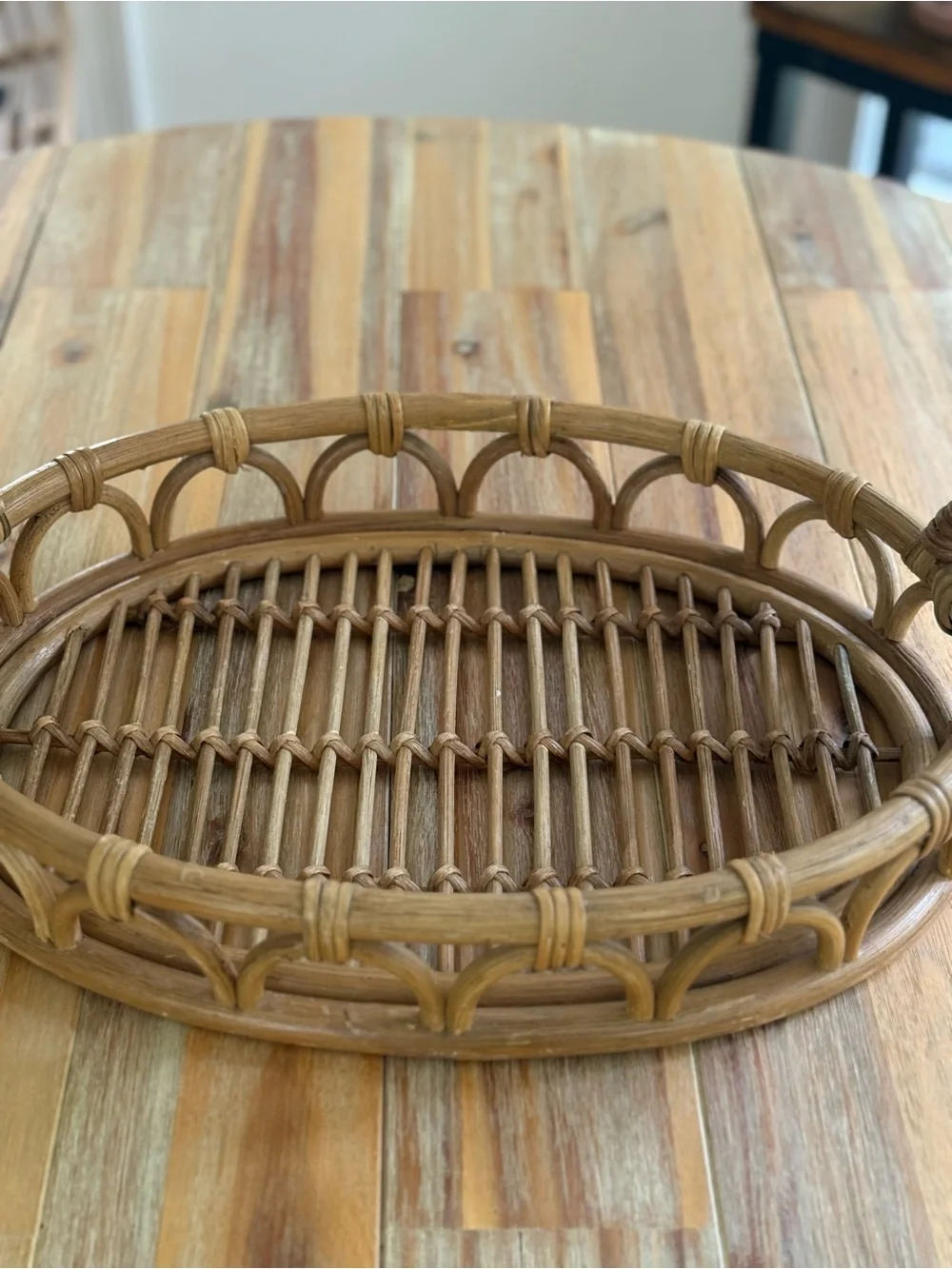Vintage Woven Rattan Bamboo Serving Basket Tray - Natural Brown 16”